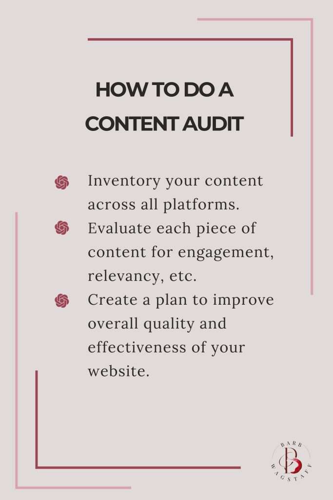 Text "how to do a content audit: Inventory your content across all platforms.
Evaluate each piece of content for engagement, relevancy, etc.
Create a plan to improve overall quality and effectiveness of your website."