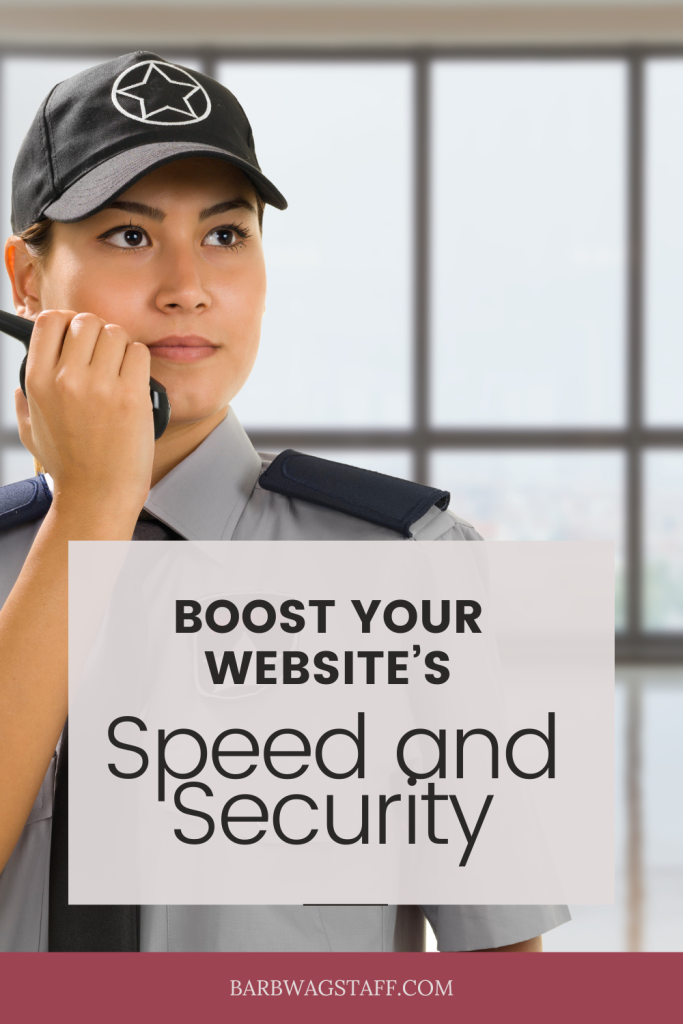 Woman in security uniform on her walkie talkie. A text box in front of her reads "Boost your website's speed and security"