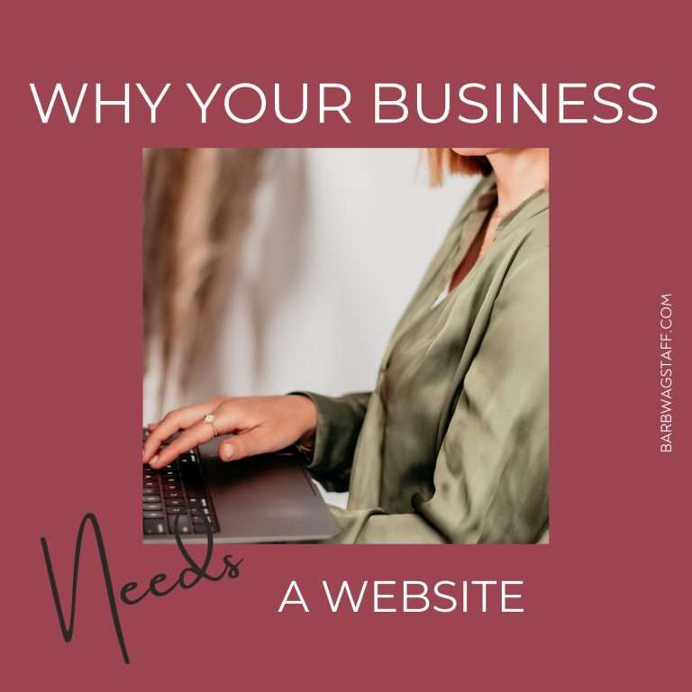 why your business needs a website. In the center of the image is a woman holding a Mac Book in her hands.