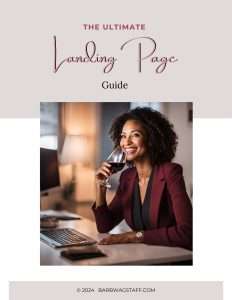 The Ultimate Landing Page Guide. Woman sipping a glass of wine while joyously looking at her computer. 