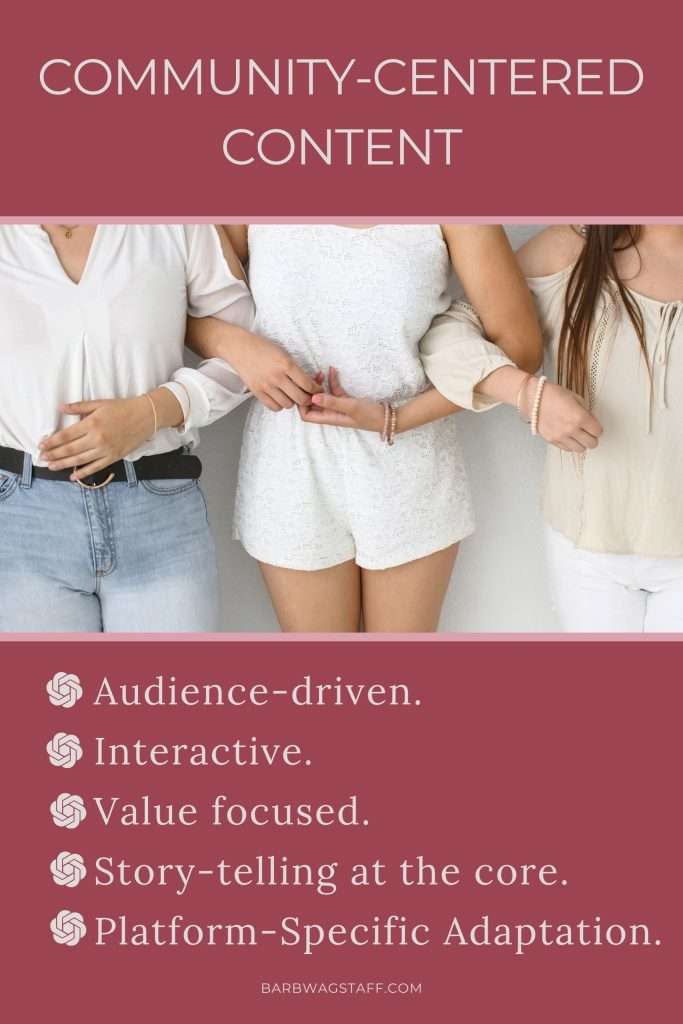 Community-Centered Content on a burgundy  header with an image of three women with their arms linked and the text "Audience-driven.
Interactive.
Value focused.
Story-telling at the core.
Platform-Specific Adaptation." written below